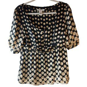 Vertigo Women's Black & Beige Polka Dot puff short sleeve Blouse large silk READ